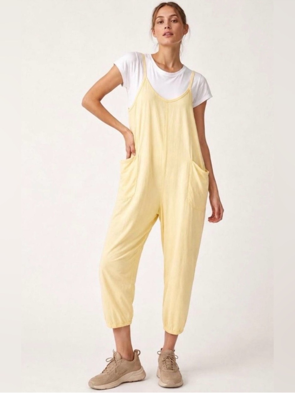 Anthropologie Sundry Yellow Jumpsuit and white crew neck shirt size Large NWT